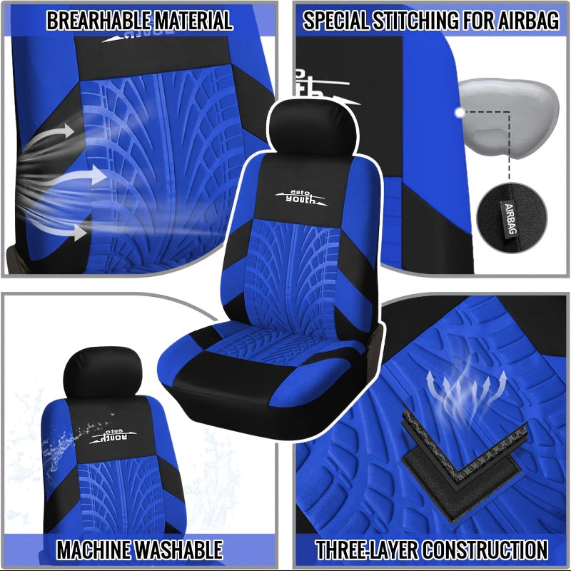 Polyester car seat cover for 5-seater vehicles, breathable and stain-resistant, with tire tread design. Fits sedans and SUVs.