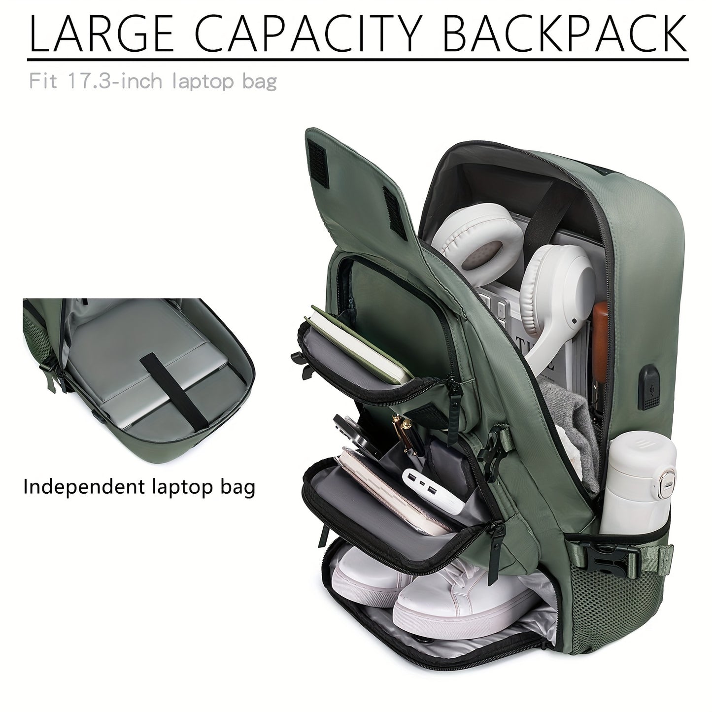 Waterproof 43.94cm laptop backpack set with USB charging port, separate shoe compartment, hand washable polyester street style backpack with sewing thread detail - ideal for business