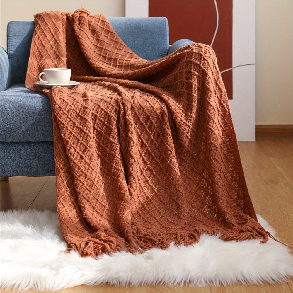 Soft and Cozy Knitted Throw Blanket with Tassels, Ideal for Couch or Bed - Enhance Your Comfort and Style