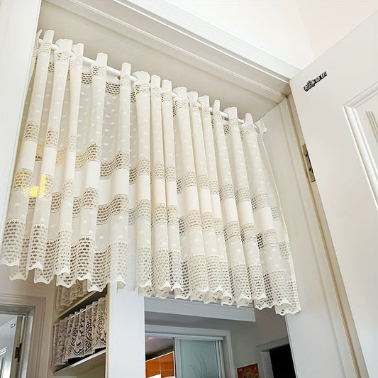 Beige lace curtain for small windows, perfect for kitchen, cafe, bedrooms, doors, cabinets, or home decor. This short, non-perforated curtain can be used as a partition or to block light.