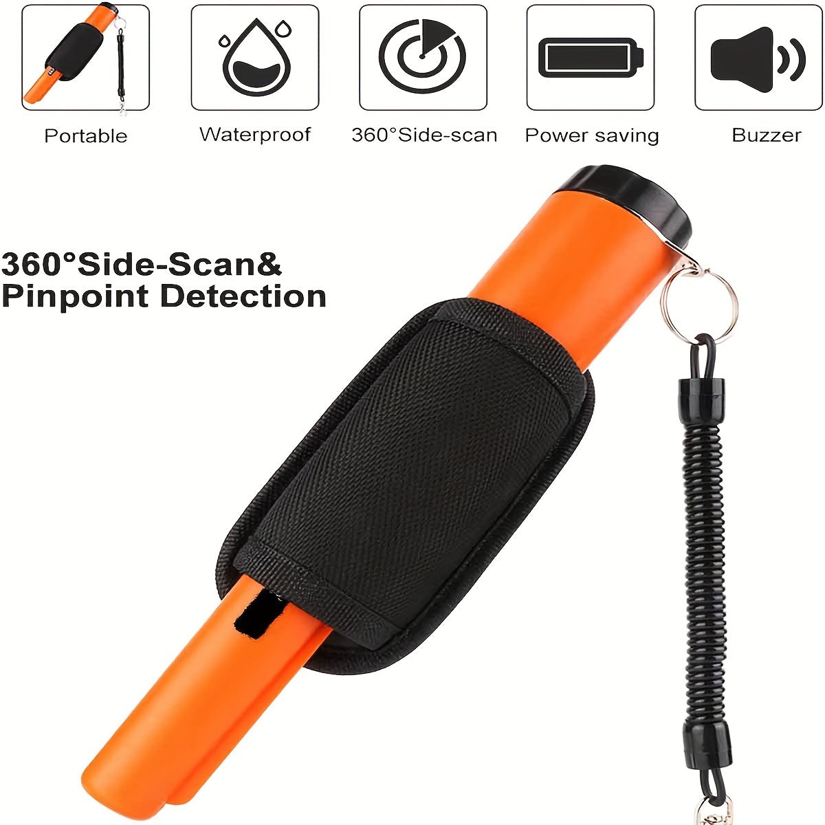 Adjustable sensitivity pinpointer metal detector with 360 degree search, LED indicator, belt holster, buzzer, battery-operated (batteries not included).