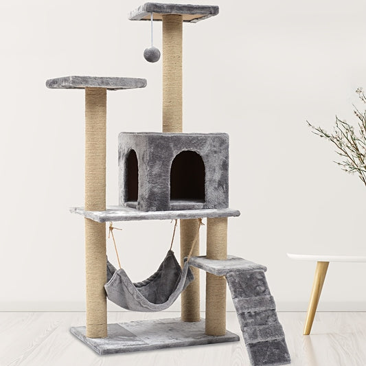 Multi-level cat tree with enclosed house, solid wood tower, sisal rope scratching posts, plush wrapped platforms, and interactive playhouse for cats. Great for durable and healthy paw care