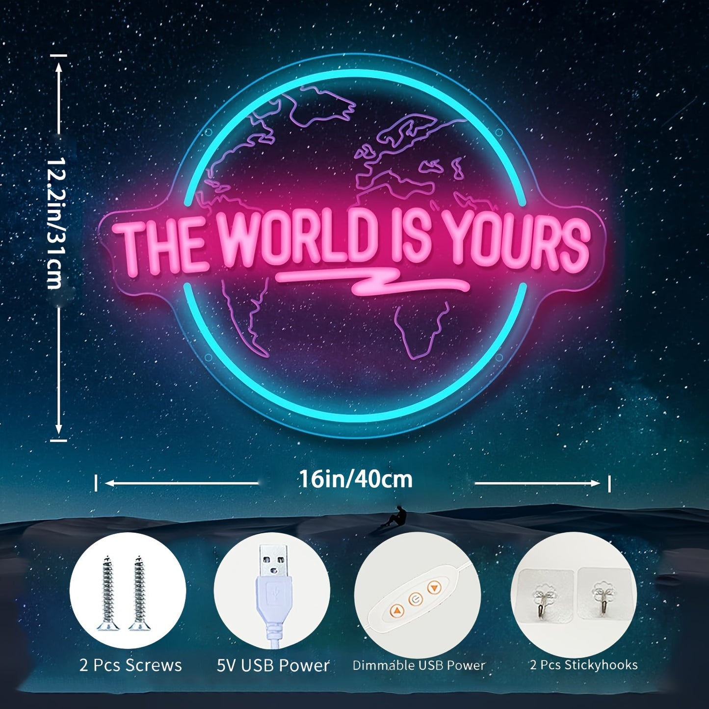 Светодиодная неоновая вывеска: Мир принадлежит тебе - гравированный дизайн планеты для различных интерьеров - питание от USB с регулируемой яркостью.