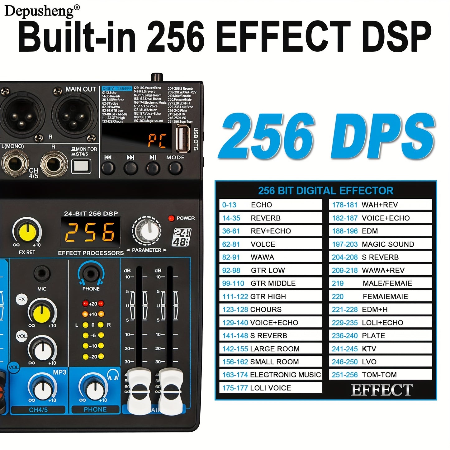 Depusheng Audio Mixer features USB, PC recording input, XLR microphone jack, and 99 DSP effects.