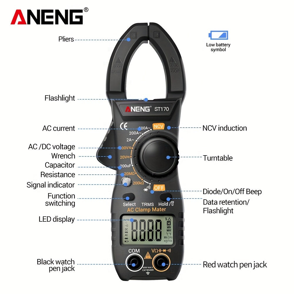 ANENG ST170 is a digital clamp meter with 500A AC current, 1999 counts, AC/DC voltage testing, Hz measurement, capacitance testing, non-contact voltage detection, resistance testing, and