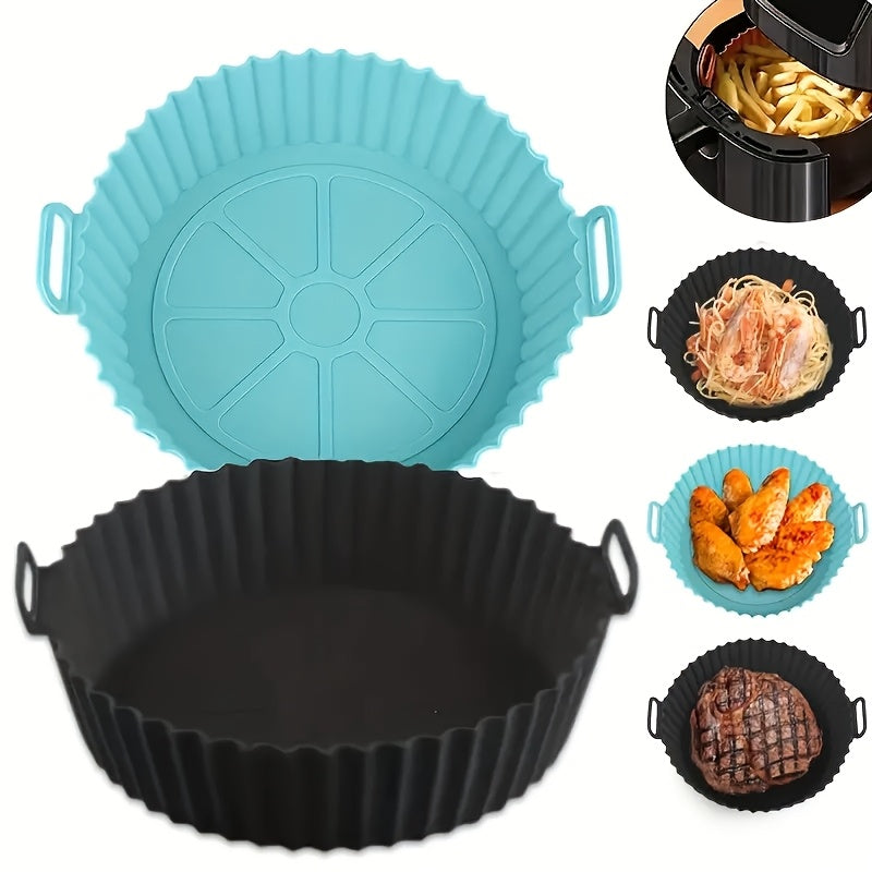 Reusable, non-stick silicone air fryer basket liner designed for 3QT-5QT air fryers. Heat resistant up to 240°C, perfect for baking and cooking. Available in blue and black, ideal for holiday parties and everyday kitchen use. Portable and folding with a