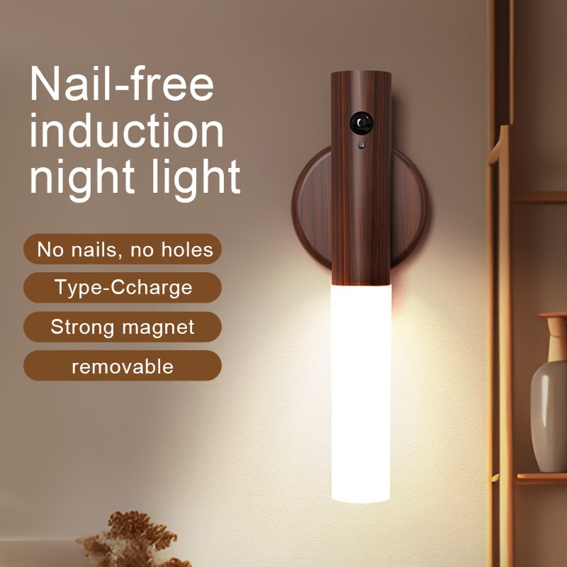 Rechargeable body sensor nightlight with magnetic stick-on wall sconce for indoor use.