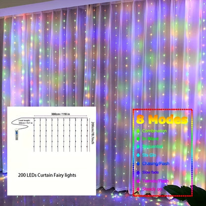 1pc Fairy Lights Curtain with 8 Modes Timer Remote, USB Lamps for Bedroom, Backdrop, Wedding, Party, Eid Al-Adha Mubarak.