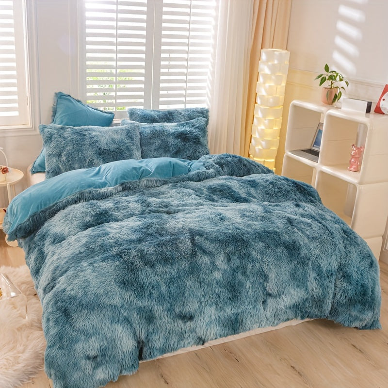 Y2K Tie Dye Plush Duvet Cover Set includes 3 pieces (1 Duvet Cover + 2 Pillowcases), providing soft and warm bedding.