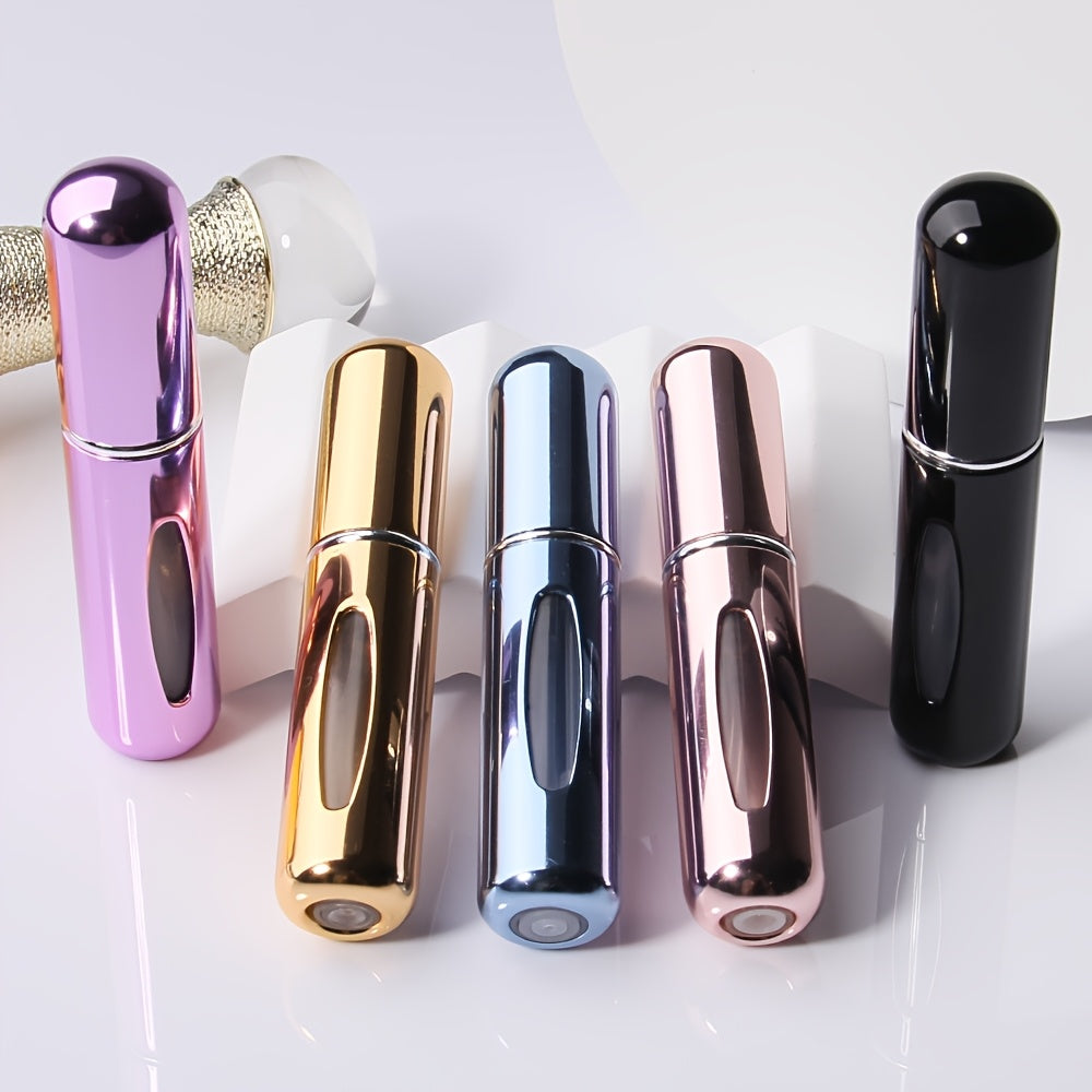 A set of 5 travel-sized refillable perfume atomizers, each holding 5ml. Conveniently carried in purse, backpack, or luggage. Features bottom filling and dispensing box. Ideal for cosmetics.