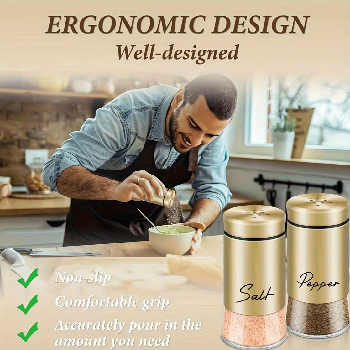 Glass bottom salt and pepper seasoning jars with stainless steel lids, ideal for use in kitchens, camping, RVs, and barbecues. Fillable design, set includes 2 pieces.