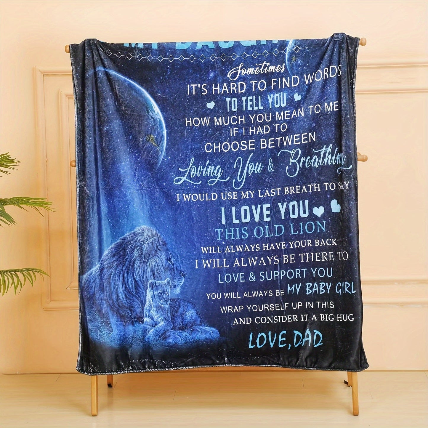 Ultra soft and cozy flannel throw blanket featuring a contemporary lion dad design, perfect for bed or sofa. Ideal for a birthday, Christmas, or Thanksgiving gift for my daughter.