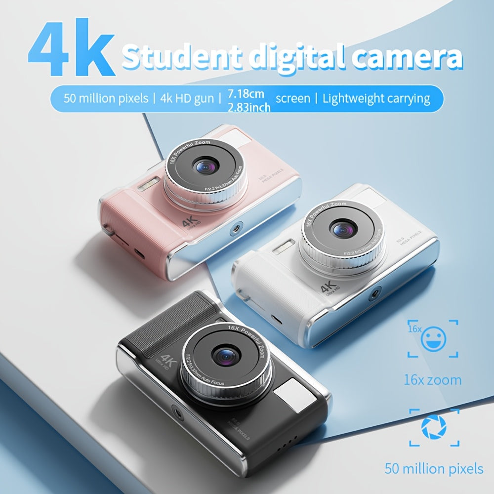 Compact digital camera with 4K resolution, 16X automatic zoom, LED flash, 7.11cm FHD screen, and 32GB SD card, ideal for teenagers and students.