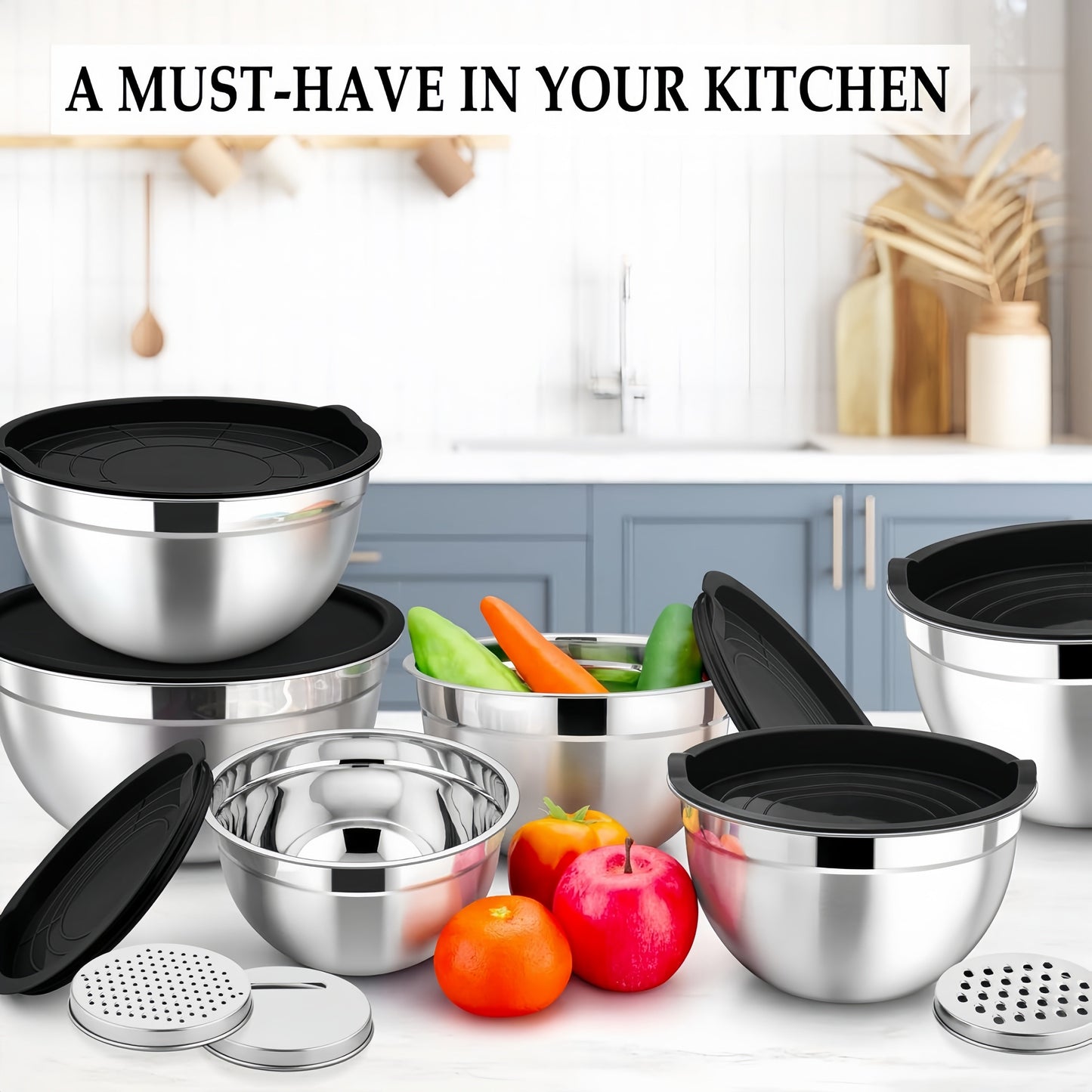 This set includes 15 stainless steel mixing bowls with black seal covers. 
The nesting style design includes 3 grater accessories and a metal nesting storage bowl to save space in your kitchen.
These versatile bowls are dishwasher safe and perfect for