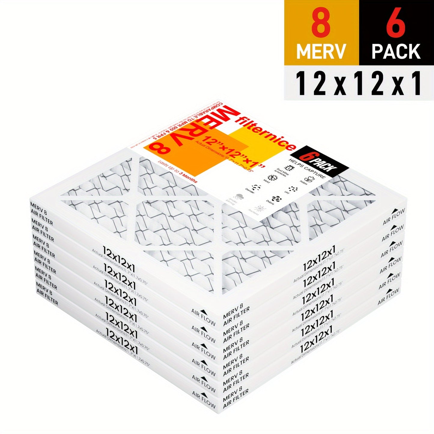 6-pack of MERV8, MERV11, and MERV13 pleated replacement air filters for AC and furnace applications in home and pet environments. Actual dimensions are 29.72cm x 29.72cm x 1.91cm.