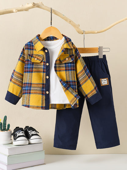 Boys' preppy style plaid outfit set with long sleeve shirt and matching pants for fall/winter.