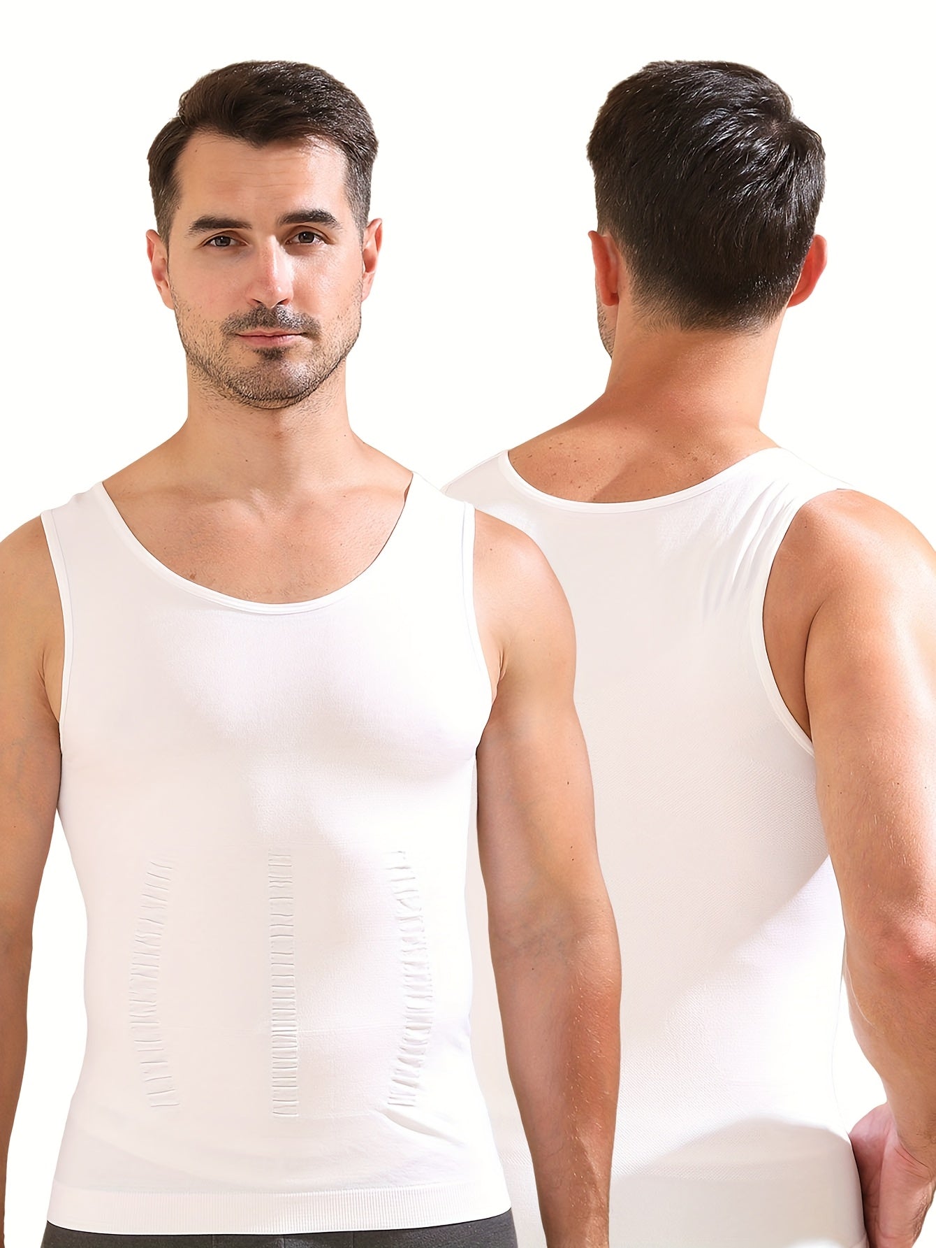 Men's body shaping tank top with breathable fabric, wide shoulder straps, designed to slim waist and chest.