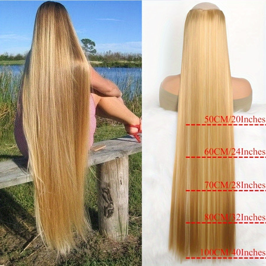 Synthetic Super Long 5 Clip In Hair Extension in Black/Brown/Blonde, extra-long straight hair, one-piece fake hairpiece for women. Available in lengths from 50cm to 100cm, ideal for daily