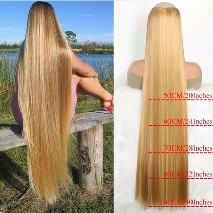 Synthetic Super Long 5 Clip In Hair Extension in Black/Brown/Blonde, extra-long straight hair, one-piece fake hairpiece for women. Available in lengths from 50cm to 100cm, ideal for daily