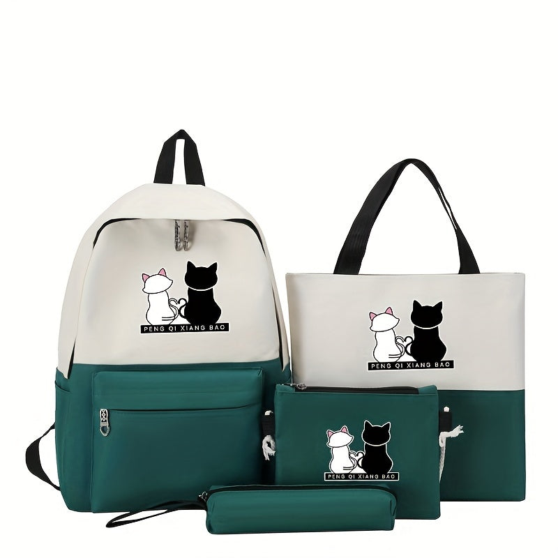 Cartoon Cat Print Backpack Set with Tote, Pencil Case, and Wallet - Perfect for Travel and School