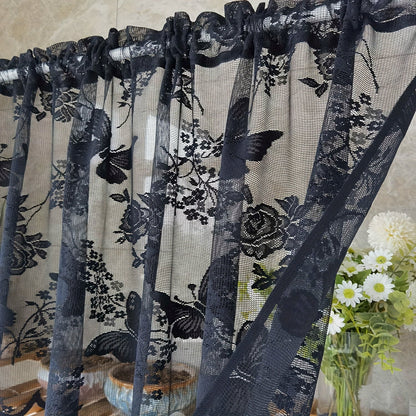 Elegant Art Deco Lace Butterfly Floral Sheer Curtain, made of lightweight 60gsm polyester. Features a rod pocket design for easy installation in the living room or entryway. These romantic jacquard blinds are perfect for all seasons and can be washed