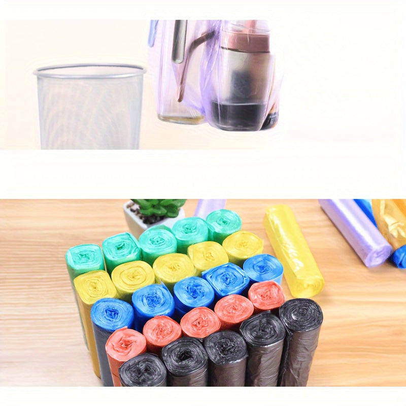 100 colorful disposable trash bags in 5 rolls for home, office, kitchen, bedroom, and bathroom cleaning.