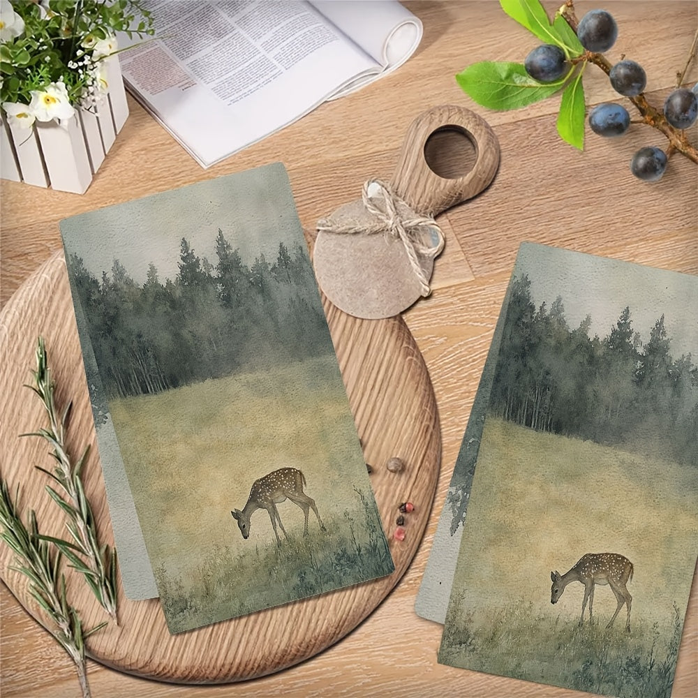 Get two ultra soft kitchen towels featuring a serene meadow and deer design. These highly absorbent polyester dish hand towels are machine washable and measure 40.64x60.96 cm. They are perfect for holiday decor.