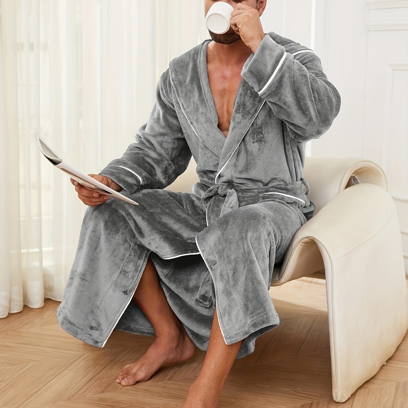 High-quality men's couple bathrobe perfect for autumn and winter with double-layer fleece design, ideal for outdoor use.