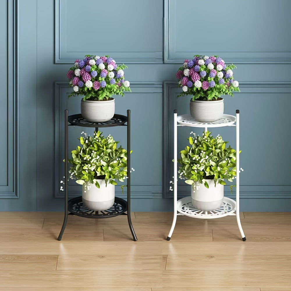 Modern two-tier metal hanging planters for stylish indoor and outdoor plant display.