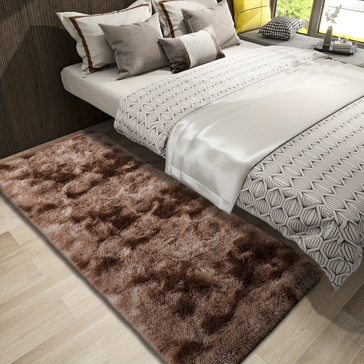 Soft and luxurious long plush silk fleece rectangular carpet rug, featuring a Nordic style design with a tie-dye gradient color scheme. The non-slip bottom ensures safety, while the soft and comfortable shaggy carpet is non-shedding. This stylish machine