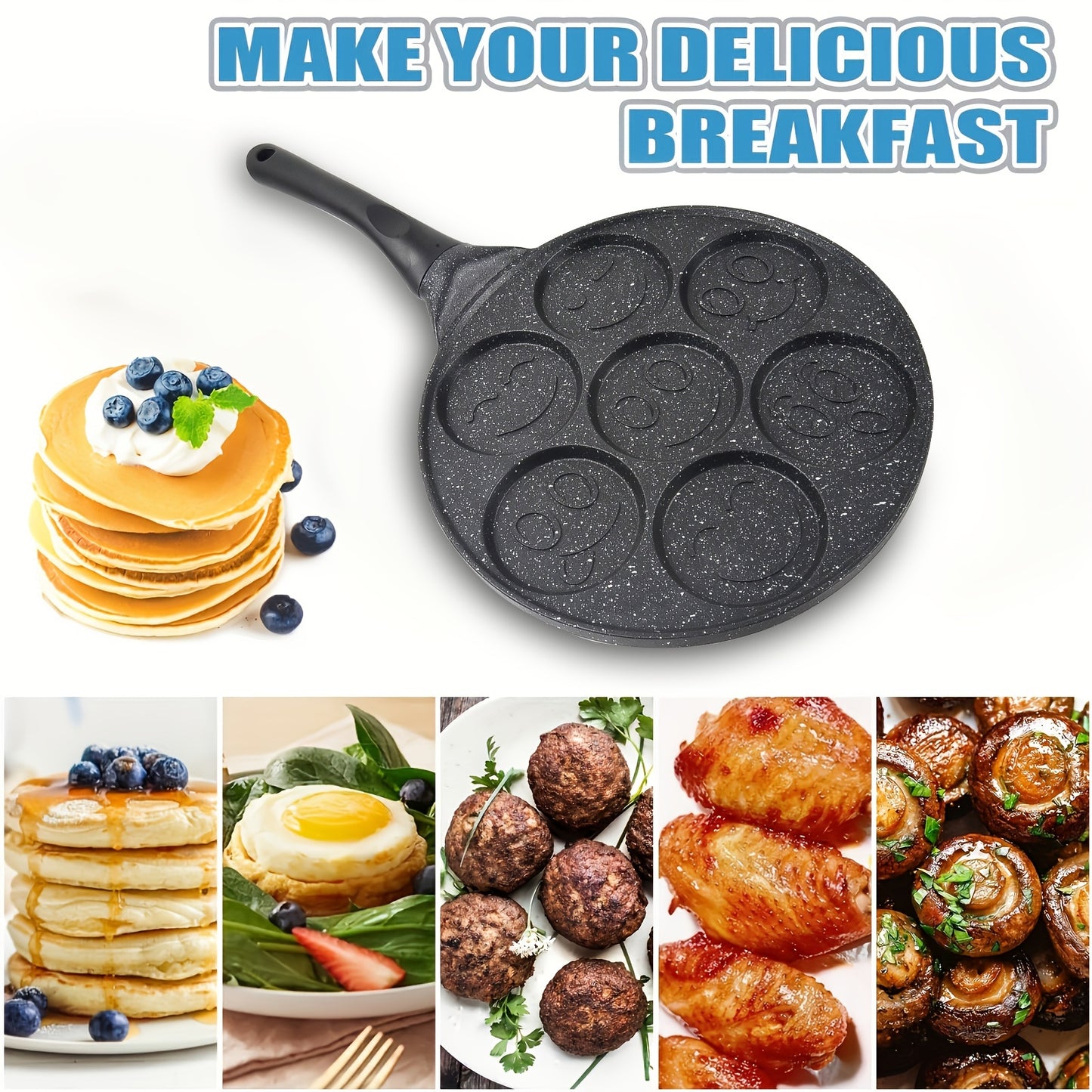 Non-stick pancake pan with 7 face molds for easy cleaning and perfect breakfasts.