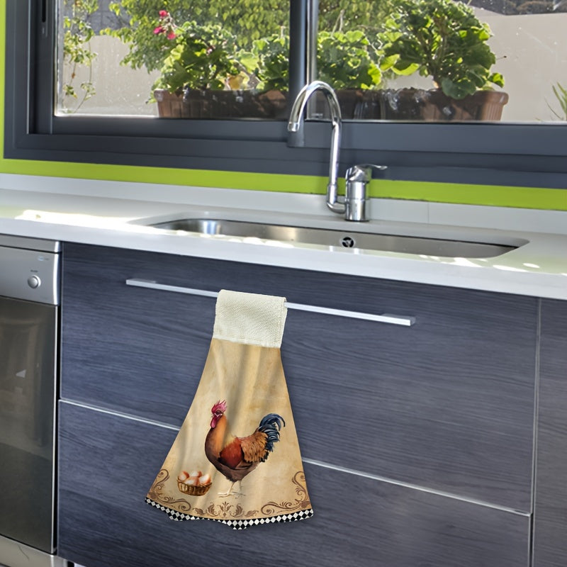 Woven microfiber rooster kitchen towels with vintage chicken design, set of 2. Hand washable, animal themed cloths with loop for hanging.