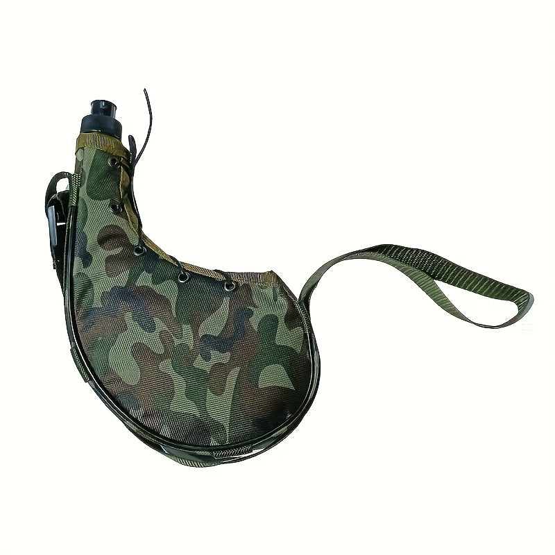 Leak-proof portable desert pot with camouflage sling bag, BPA-free plastic oval-shaped water bottle for outdoor adventures, hand-wash only.