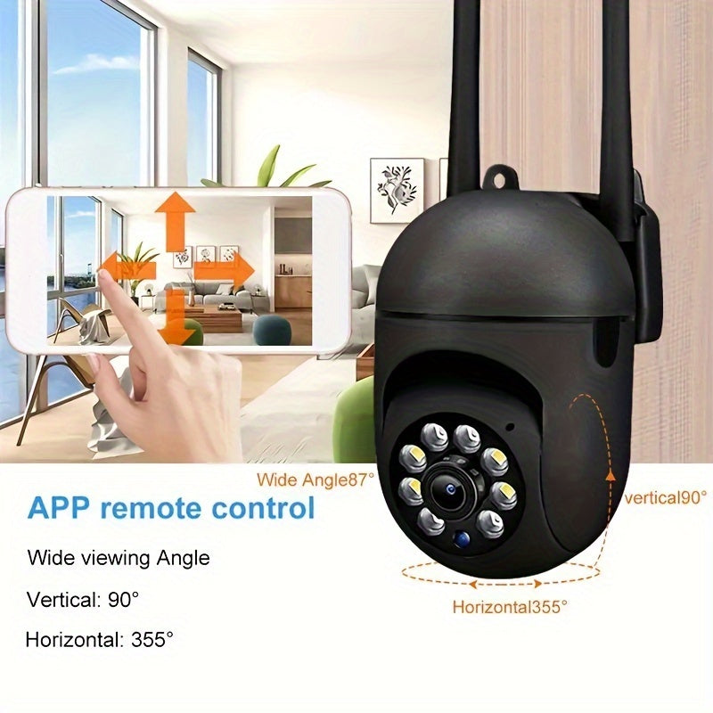 Color night vision camera with 1080p HD for indoor and outdoor use. Two-way audio security camera with pan/tilt/zoom capabilities and motion tracking, making it a smart home security solution.