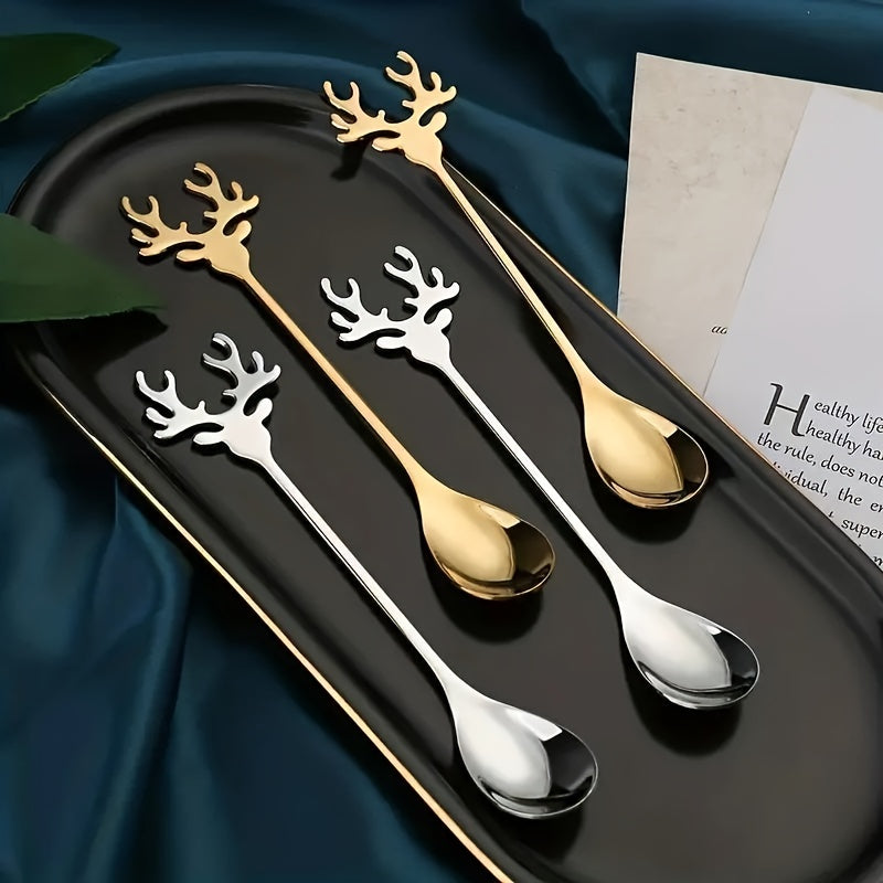 Set of 8 Christmas-themed stainless steel coffee spoons in the shape of deer heads, perfect for stirring desserts and candy, as well as stirring tea. These whimsical spoons can also be used as tableware decorations or kitchen accessories.