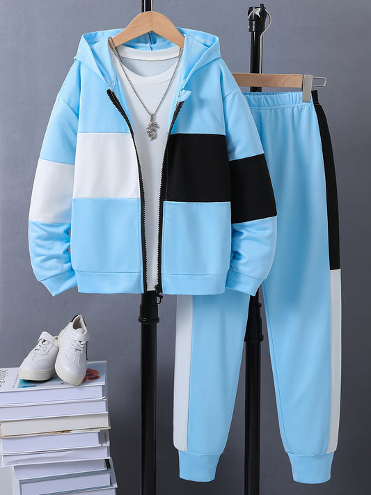 Boy's 2-piece color block hoodie outfit with zip-up hoodies, long sleeve pullover, and pants set, perfect for daily or outdoor wear.