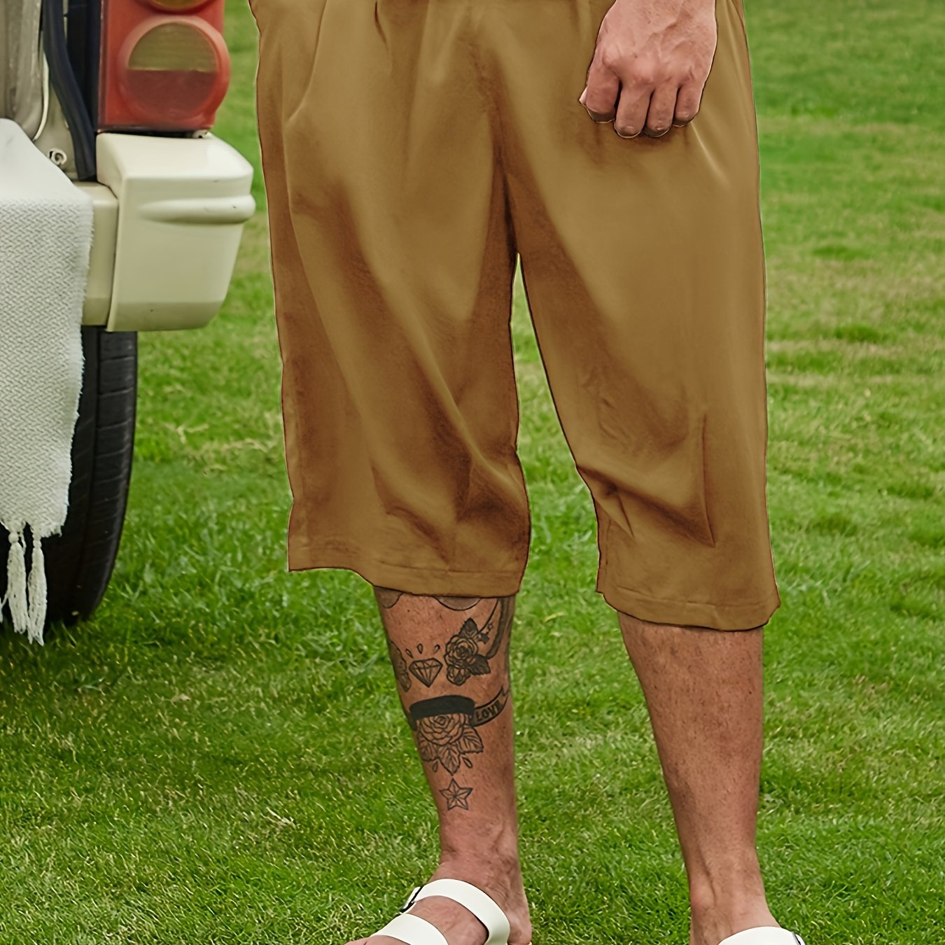 Breathable loose-fit solid capri pants for plus-size men, perfect for summer.