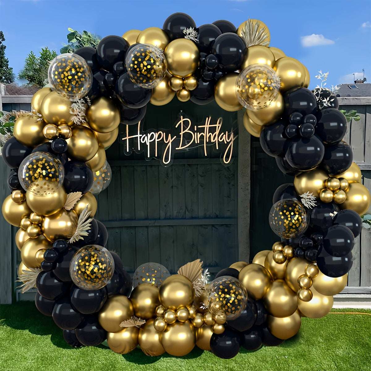 140pcs Black and Golden Latex Balloon Garland Arch Kit with Confetti Balloons for Various Celebrations and Milestones.