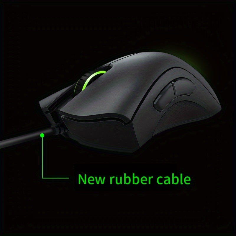 Игровая мышь Razer DeathAdder Essential с оптическим сенсором 16 000 DPI, подсветкой Chroma RGB, 7 программируемыми кнопками, механическими переключателями и резиновыми боковыми накладками.