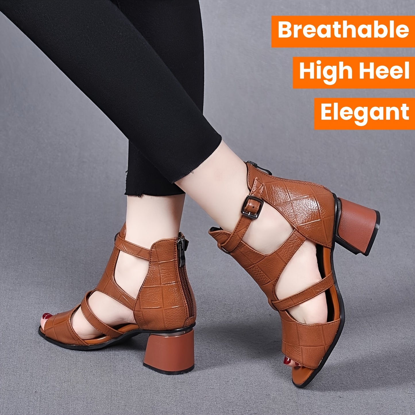 Elegant women's brown cover sandals with thick heel and breathable design, featuring ankle strap and peep toe Roman style.