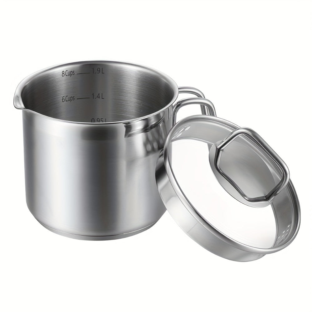 A 1.9L Kitchen Saucepan with Glass Lid, Ideal for Gas, Electric, and Glass Ceramic Cooktops - Features Measurement Marks, Pour Spout, and Induction Compatibility. Made from Stainless Steel.