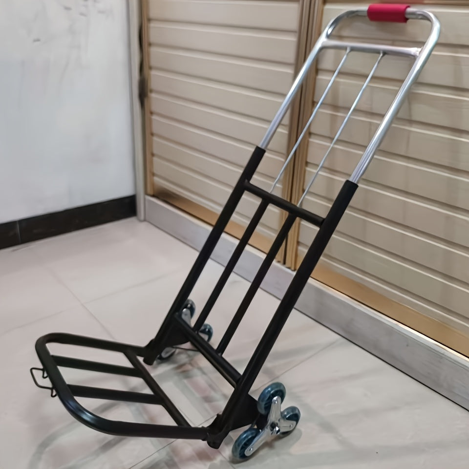 Durable folding hand truck with wheels designed for climbing stairs, easy to lift and carry, ideal for moving and shopping.