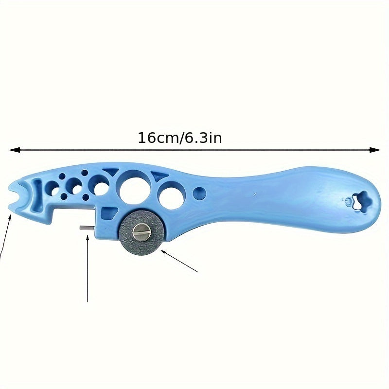 Multi-functional ampoule and glass bottle opener with replaceable grinding wheel. Handheld plastic cutter in blue/white or pink/black for easy medication management.