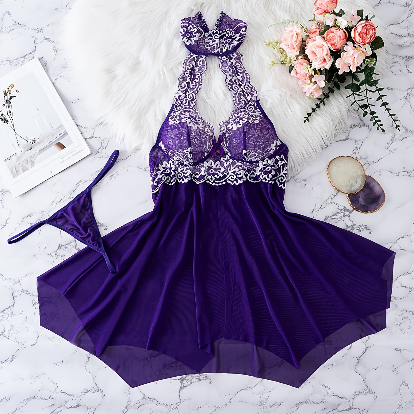 Elegant lace halter top nightgown and lingerie set for women made of polyester and elastane blend. Features solid color with bow detail, knit fabric with no chest pad or belt.