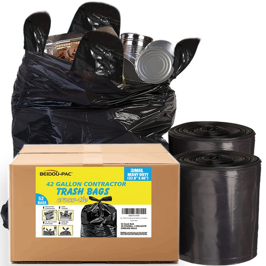 Pack of 52 Heavy Duty Black Contractor Trash Bags - Available in 158.99L & 208.2L Sizes, 2 Rolls with 26 Bags per Roll, Equipped with Handle Ties, made of High Density Polyethylene, Perfect for Construction Debris and Patio Cleanup.