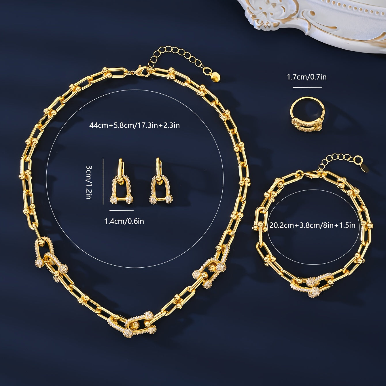 A set of four pieces of trendy European and American luxury zirconia jewelry, perfect for weddings, engagements, daily wear, holidays, social gatherings, and couple gifts. This elegant and durable set is hypoallergenic and ideal for summer.