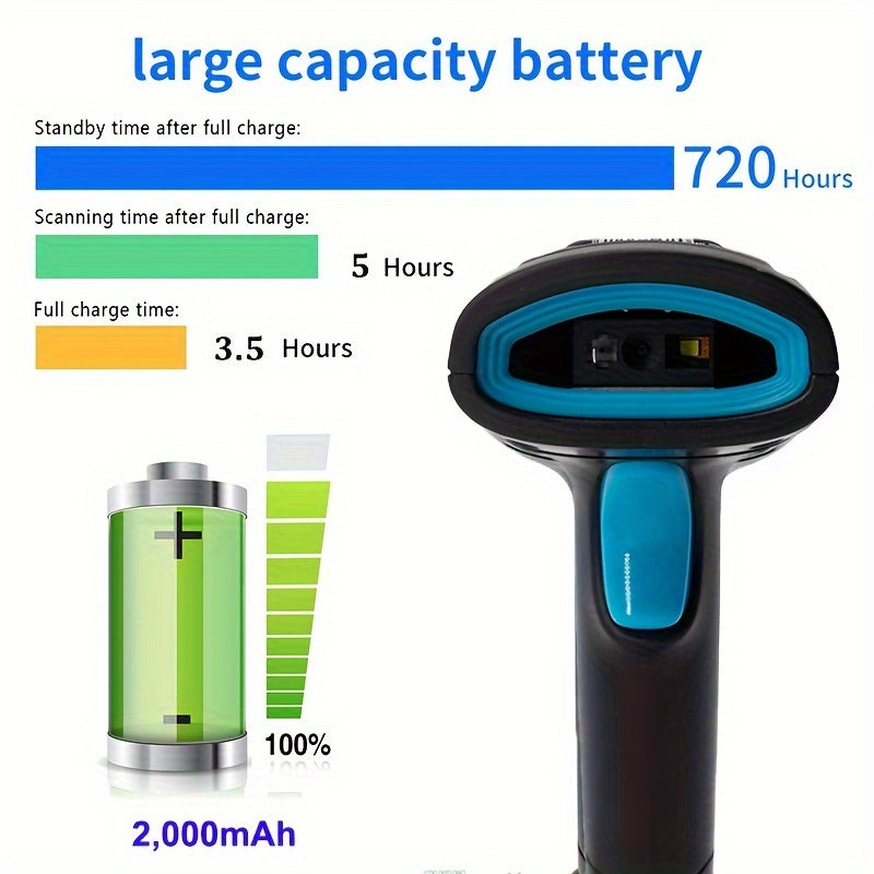 Handheld 2D barcode scanner with USB wired and wireless connection, ideal for retail, warehouse, and mobile payments. Features high-performance CMOS sensor, portable and rechargeable