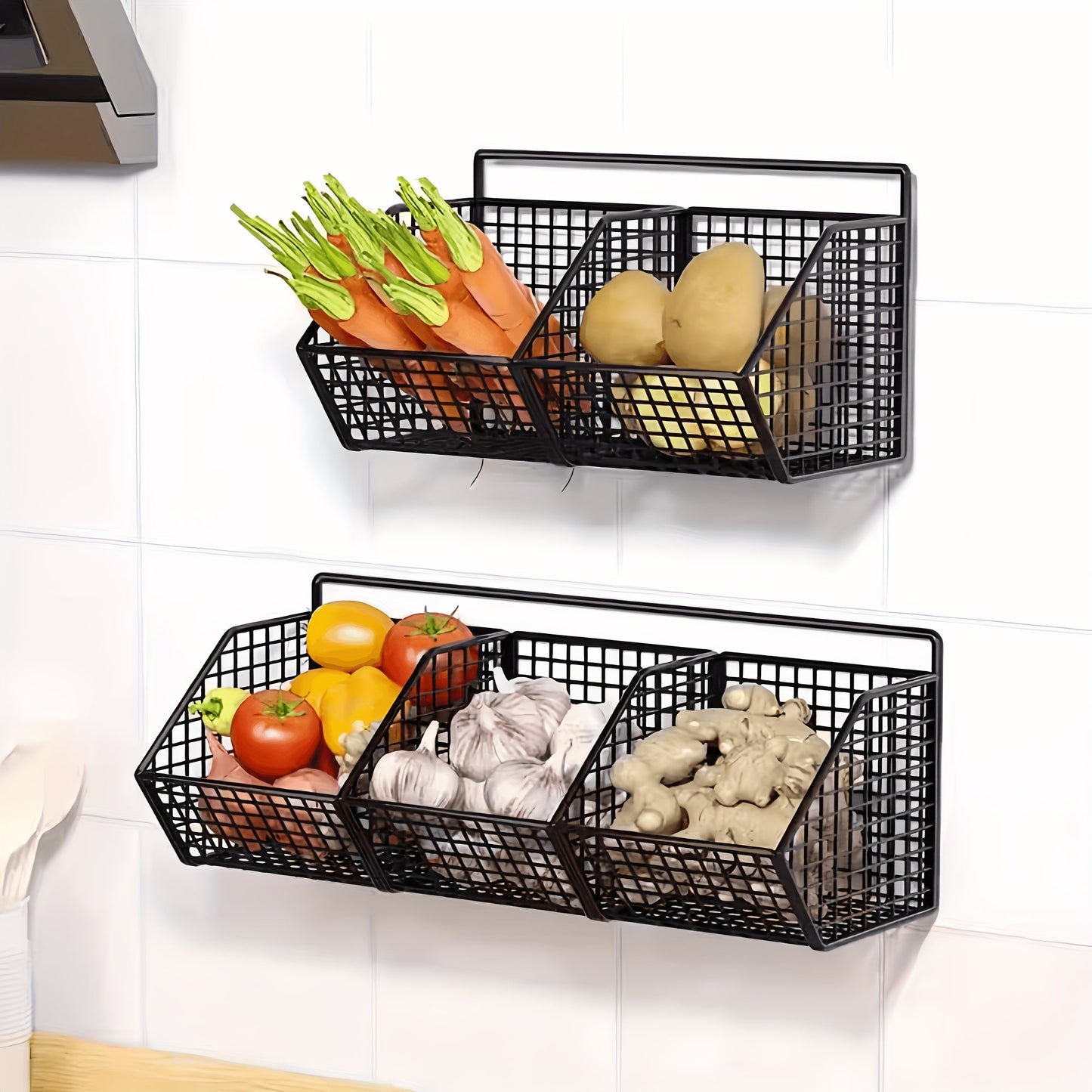 Wire fruit basket mounted on a wall, featuring three grid wire hanging compartments for kitchen or bathroom storage. Also doubles as a storage box, fruit rack, or wall-mounted storage solution for any room in the house.