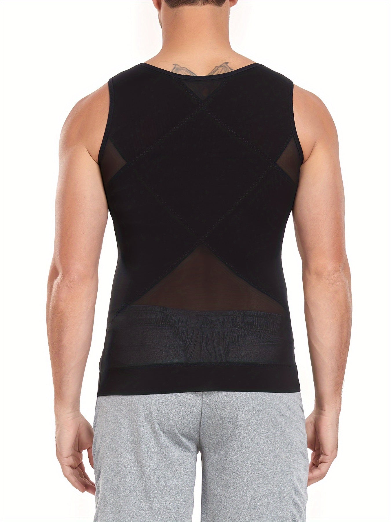 Slimming compression shirt for men with invisible tummy control. Made with a breathable mesh and ribbed nylon-spandex blend. Sleeveless design and crew neck for all-day wear. Slimming