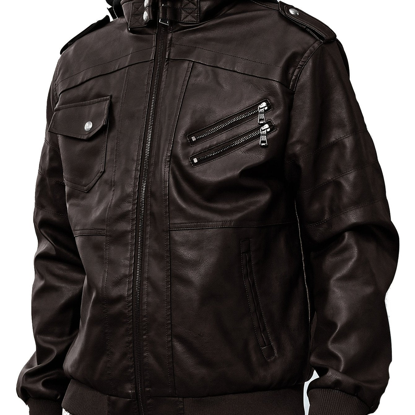 Men's Retro Hooded Biker Jacket - Windproof with Multiple Pockets, Casual Fall/Winter Outerwear, Black, Zip-Up Closure, Polyester Lining, Glossy Finish